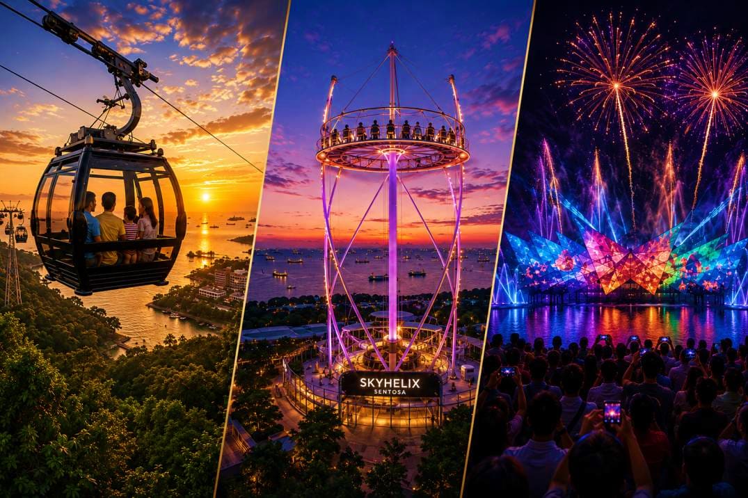 Sentosa attractions collage showing cable car ride at sunset, Skyhelix observation wheel at dusk, and nighttime fireworks sho